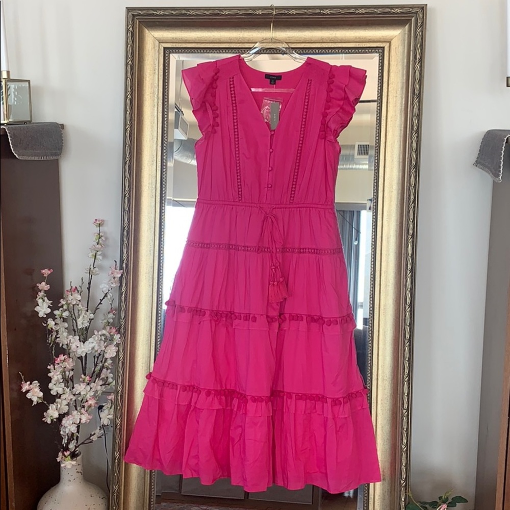 {J.Crew} Pink Pom-Pom Midi Dress